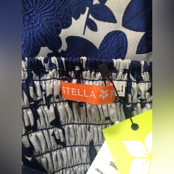 NEW STELLA M’LIA Jacquard Hi Low Fit Flare Navy Floral Dress Size L - Picture 11 of 12